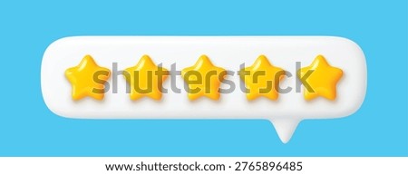 3d five star rate customer review feedback icon. Vector five gold stars in realistic speech bubble for customer satisfaction evaluation, quality rating, good service review rank and best product rate