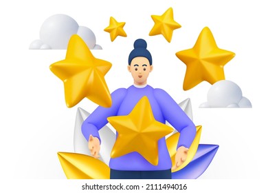 3d five stars the best estimate of performance, the score of five points. people leave feedback and comments, successful work is the highest score vector. 3d vector illustration on white background