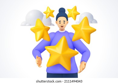 3d five stars the best estimate of performance, the score of five points. people leave feedback and comments, successful work is the highest score vector. 3d vector illustration on white background