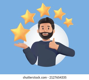 3d five stars the best estimate of performance, the score of five points. People leave feedback and comments, successful work is the highest score vector. 3d vector illustration on background