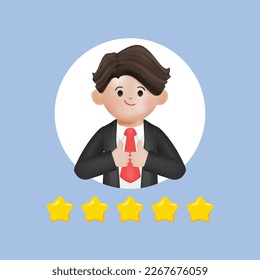 3d five stars the best estimate of performance, the score of five points. People leave feedback and comments, successful work is the highest score vector. 3d vector illustration on background