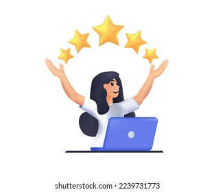 3d five stars the best rating. Review business character with computer the score of five stars. People customers leave feedback and comments, successful work highest score vector. 3d cartoon vector