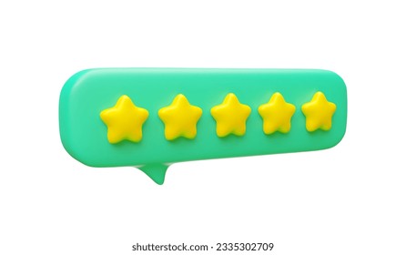 3d cinco estrellas de retroalimentación habla de burbuja de chat estilo realista. Globo de conversación con cinco estrellas doradas. Calificación de red social, mejor satisfacción de servicio, ilustración vectorial de experiencia de usuario positiva