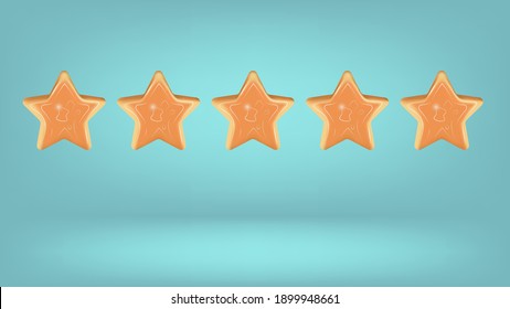 3D five stars, realistic gold 5 stars for rating, quality and feedback. Glossy stars with highlights on blue background. Realism vector, render