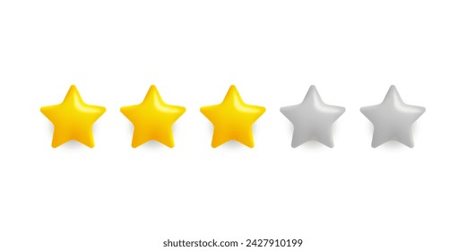 3d five stars of which three are gold isolated on white background. Concept of rating from customer and feedback. Five star ranking. 3D cartoon icon for mobile app and web design. Vector illustration.