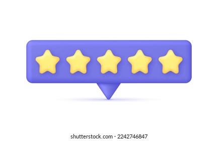 3D Five yellow stars on Speech Bubble. Online feedback, survey or review concept. Trendy and modern vector in 3d style.