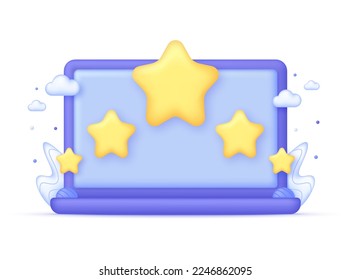 3D Five yellow stars on Computer. Customer review concepts. Reviews stars with good and bad rate. Online feedback, survey or review concept. Trendy and modern vector in 3d style.