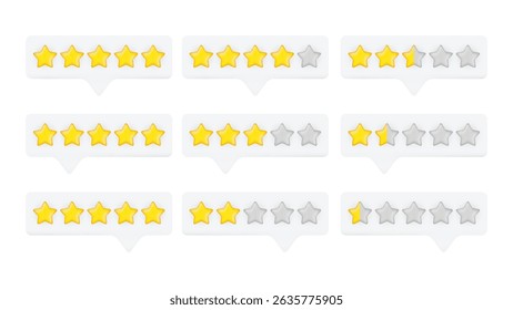 3D Five-Star Rating Review with Gold Icons – Customer Feedback, Service Quality, Satisfaction Score, Evaluation Levels, Speech Bubble Vector Illustration