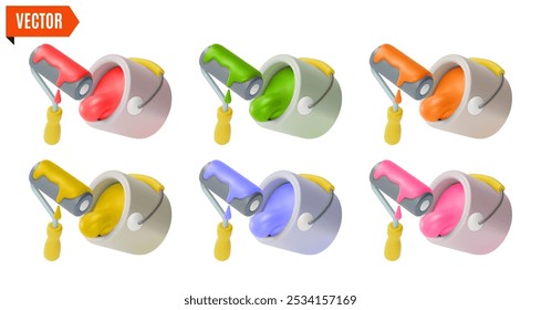 3d Fix and Repair Concept Different Color Bucket and Paint Roller Set Cartoon Design Style. Vector illustration