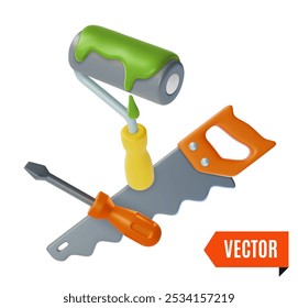 3d Fix e reparação conceito flutuante de serra de mão, chave de fenda e rolo de tinta estilo de design de desenhos animados. Ilustração vetorial