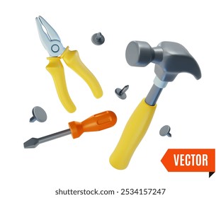 3d Fix and Repair Concept Floating Pliers, Screwdriver, Metallic Nails and Hammer Cartoon Design Style. Vector illustration