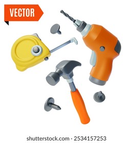 3d Fix and Repair Concept Floating Drill, Hammer and Measuring Tape Cartoon Design Style. Vector illustration