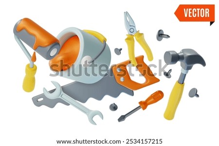 3d Fix and Repair Concept Floating Hand Saw, Screwdriver, Bucket and Paint Roller Cartoon Design Style. Vector illustration