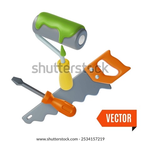 3d Fix and Repair Concept Floating Hand Saw, Screwdriver and Paint Roller Cartoon Design Style. Vector illustration