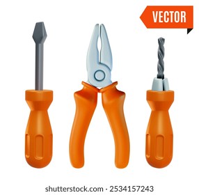 3d Fix and Repair Concept Screwdriver and Pliers Set Cartoon Design Style Isolated on a White Background. Vector illustration