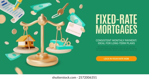 3d Fixed Rate Mortgage Concept Ads Banner Poster Card. Vector illustration of Scale with Money and Home