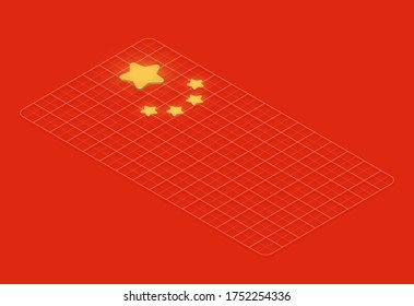 Bandera 3D de China con cuadrículas, ilustración vectorial isométrica