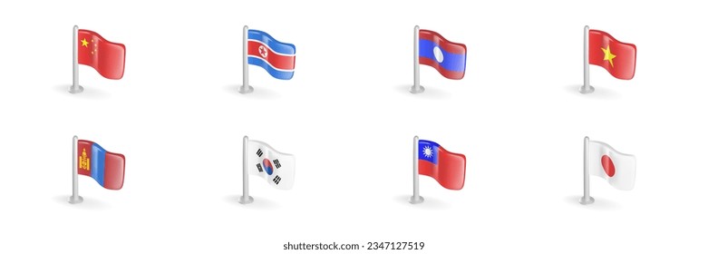 3D flag of China, North Korea, South Korea, Mongolia, Laos, Taiwan, Vietnam, Japan. Realistic vector icon set East Asia