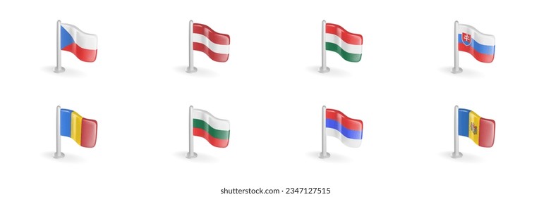 Bandera 3D de la República Checa, Austria, Hungría, Eslovaquia, Rumania, Bulgaria, Serbia, Moldavia. Icono vector realista puesto Europa del Este