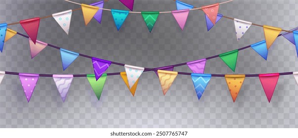 Guirnalda de bandera 3D aislada sobre fondo transparente. Vector ilustración realista de coloridos banderines triangulares en cadena para fiesta de cumpleaños, feria de vacaciones, interior de circo, decoración de eventos festivos