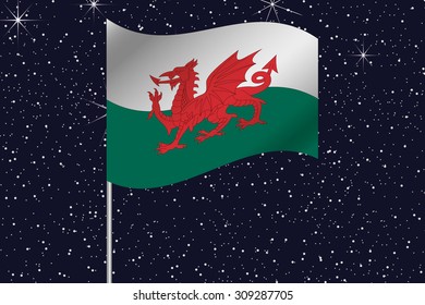 3D Flag Illustration waving in the night sky of the country of  Wales