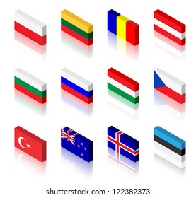 3D flag illustrations. Poland, Lithuania, Romania, Austria, Bulgaria, Russia, Hungary, Czech Republic, Turkey, New Zealand, Iceland and Estonia