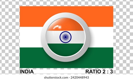 3D flag of india isolated on transparent background proportion 2:3 original color. vector illustration.