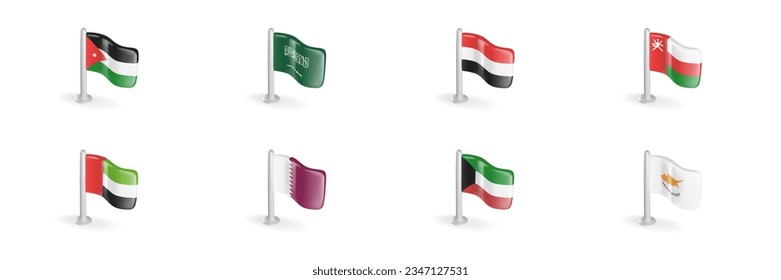 3D flag of Jordan, Saudi Arabia, Yemen, Oman, United Arab Emirates, Qatar, Kuwait, Cyprus. Realistic vector icon set Arab countries