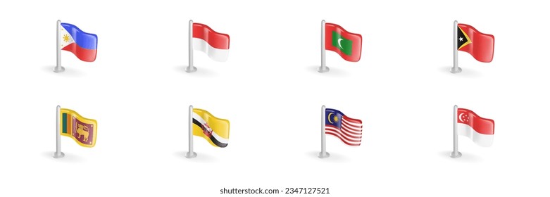 3D flag of Philippines, Indonesia, Maldives, East Timor, Sri Lanka, Brunei, Malaysia, Singapore. Realistic vector icon set Southeast Asia