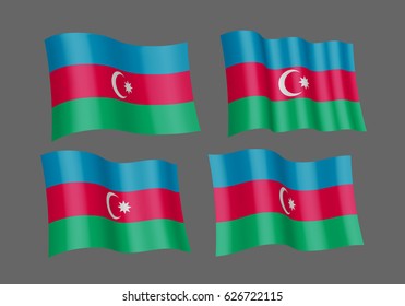 3D flag set of Azerbaijan. Vector illustration. EPS 10 created using gradient meshes Isolated on grey background.  Four fabric flagstaff design elements from world collection