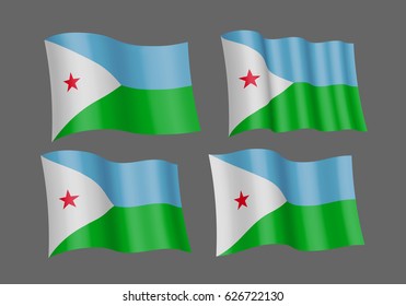 3D flag set of Djibouti . Vector illustration. EPS 10 created using gradient meshes Isolated on grey background. Four fabric flagstaff design elements from world collection