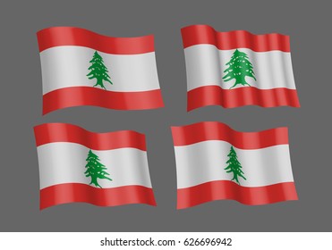 3D flag set of Lebanon . Vector illustration. EPS 10 created using gradient meshes Isolated on grey background. . Four fabric flagstaff design elements from world collection
