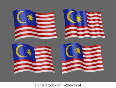 3D flag set of Malaysia . Vector illustration. EPS 10 created using gradient meshes Isolated on grey background.  Four fabric flagstaff design elements from world collection