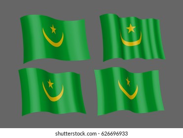 3D flag set of Mauritania . Vector illustration. EPS 10 created using gradient meshes Isolated on grey background. . Four fabric flagstaff design elements from world collection