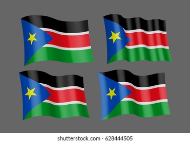 3D flag set of South Sudan . Vector illustration. Isolated on grey background. 