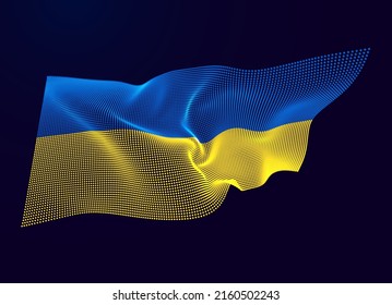 3D Flag of Ukraine made of Particles Dots. Digital Waving Flag of Ukraine. Digital Hackers Cyber War Concept. Support Ukraine. Vector Illustration.