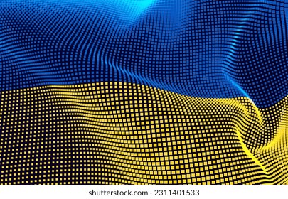 3D Flag of Ukraine made of Particles Dots. Digital Pixels Waving Flag of Ukraine. Digital Hackers War Concept. Vector Illustration.