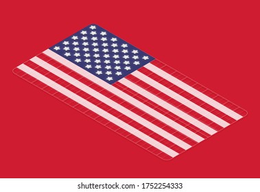 3D flag of the USA with grids, isometric vector illustration