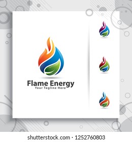 3d flame energy vector logo design with modern and natural concept, ecology illustration fire leaf and gas digital template for industry company