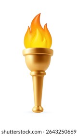3D flaming torch with bright orange and yellow fire, representing freedom, energy, and triumph on white background. winner symbol. 3d rendering. Vector illustration