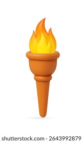 3D flaming torch with bright orange and yellow fire, representing freedom, energy, and triumph on white background. winner symbol. 3d rendering. Vector illustration