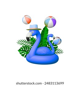 3D Flamingo Floaters with Hat, Balls, and Tropical Leaves
