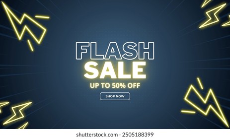 3d flash sale banner on blue background. Flash podium, neon, battery power show, glowing electric lightning. Shop promotion background. Vector cyber design for presentation