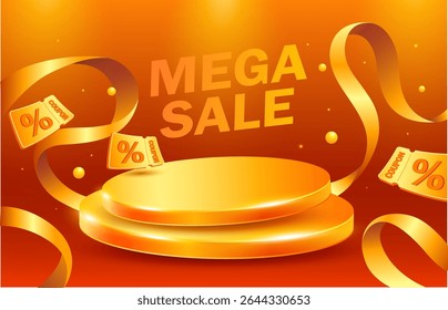3d Flash sale banner template with unlimited golden coupons and ribbons flying around a stage or podium, isolated on red background. 3d discount banner in vector illustration.