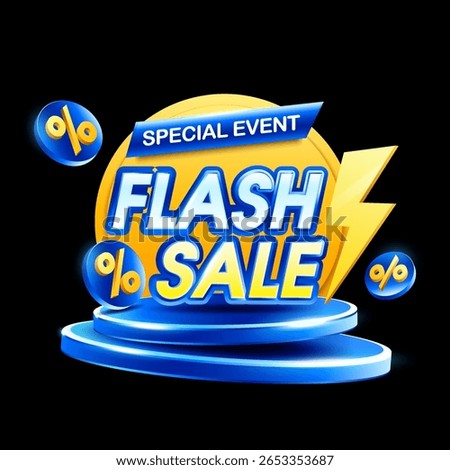 3d Flash sale banner template with blue podium or stage, lightning bolt and percentage icons, isolated on background. 3d discount banner in vector illustration.