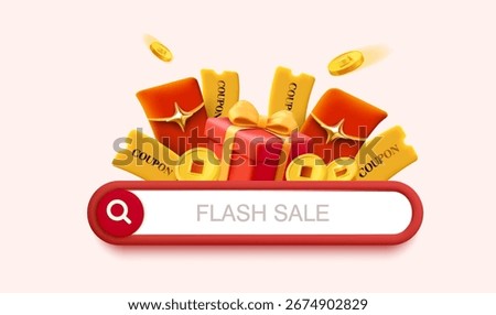 3d Flash sale coupon and gift search banner template with search bar, gift boxes, coupons and lucky money icons, isolated on background. Discount search concept in 3d vector