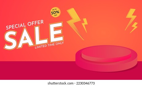 3D Flash Sale Discount Promotion Banner Template. Concept, Podium and Lightning. Product Discount Promotion Background.