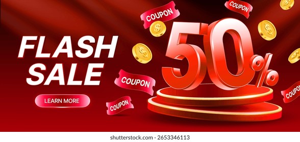 3d flash venda podium banner modelo com 50 por cento no palco, moedas e cupons voando ao redor, isolado no fundo vermelho. Banner de venda flash com vales-presente no vetor 3d