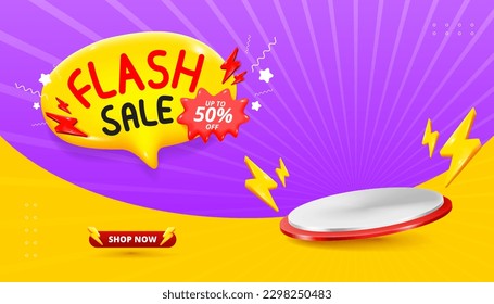 3D Flash sale promo banner template with podium and flying discount label design.	
