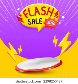 3D Flash sale promo banner template with podium and flying discount label design.	
